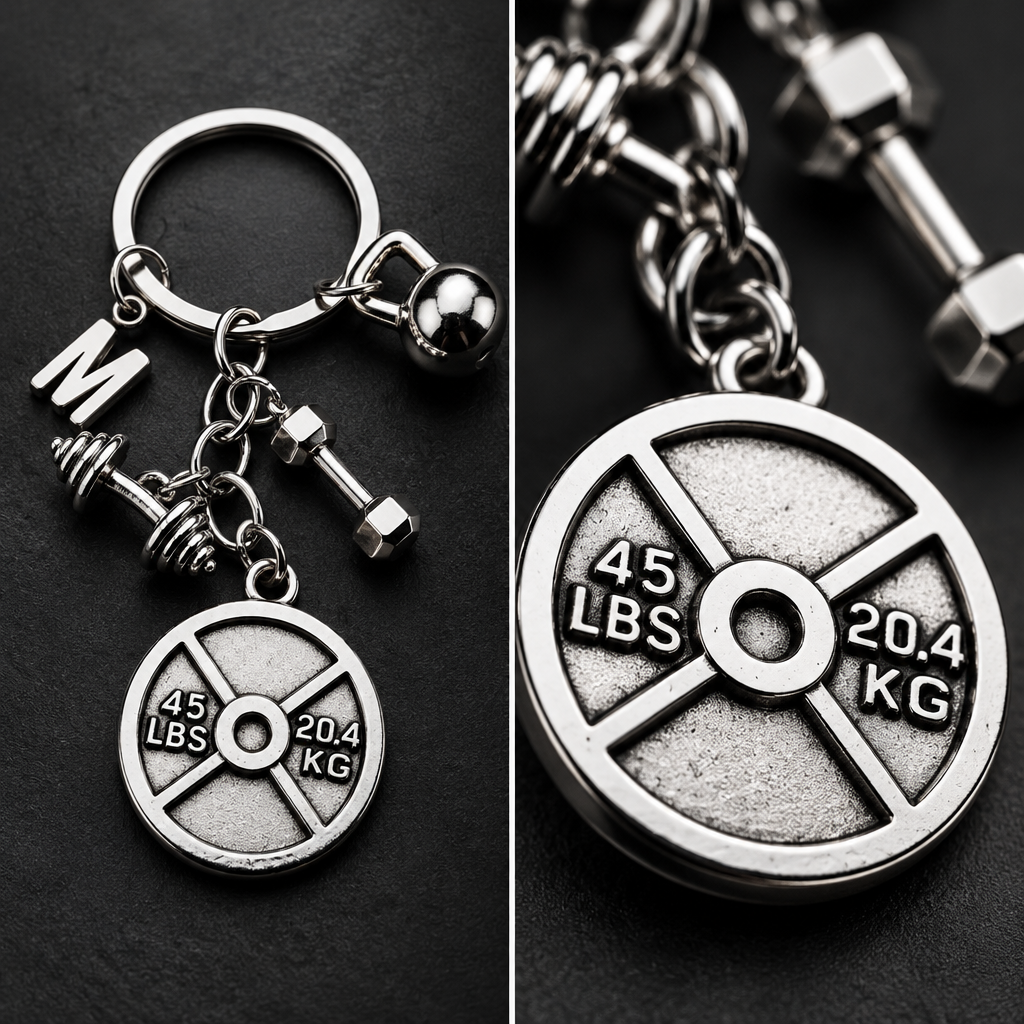 Close-up of the 45 LBS / 20.4 KG metal plate charm on the initial gym keychain