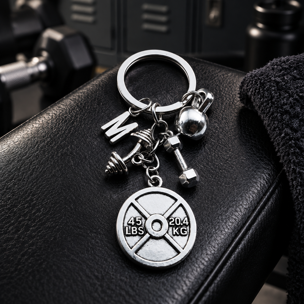 Initial weight plate gym keychain resting on a gym bench