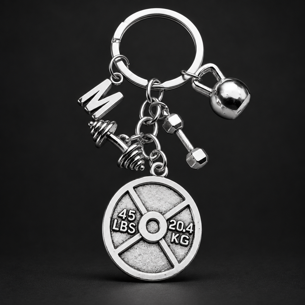 Personalized initial 45 LB weight plate keychain with barbell, dumbbell and kettlebell charms