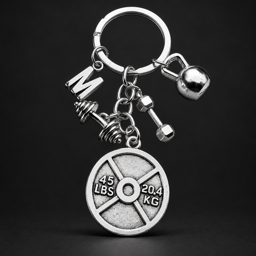 Personalized initial 45 LB weight plate keychain with barbell, dumbbell and kettlebell charms
