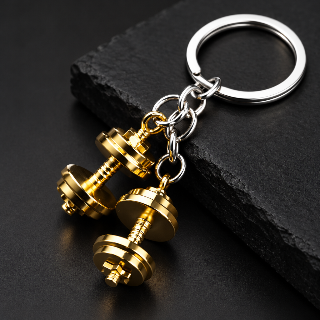 Close-up of gold mini metal dumbbell keychain charms