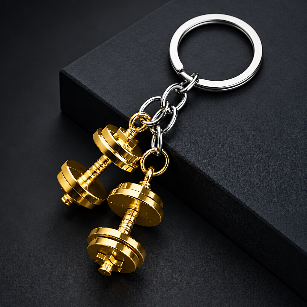 Gold mini metal dumbbell keychain